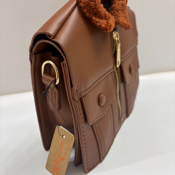 Leather Jacket Shaped Crossbody Bag/ Faux Fur & Leather Coat Purse - Brown NWT - Picture 7 of 9